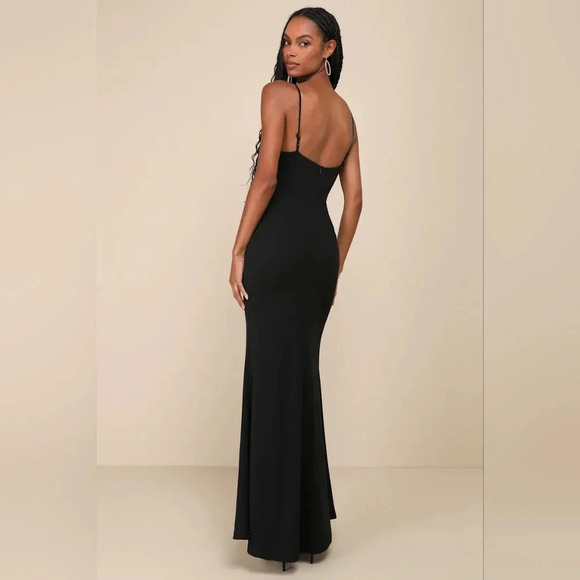 Lulu's Black Sheath Maxi Dress with Slit and Spaghetti Straps - Picture 5 of 9